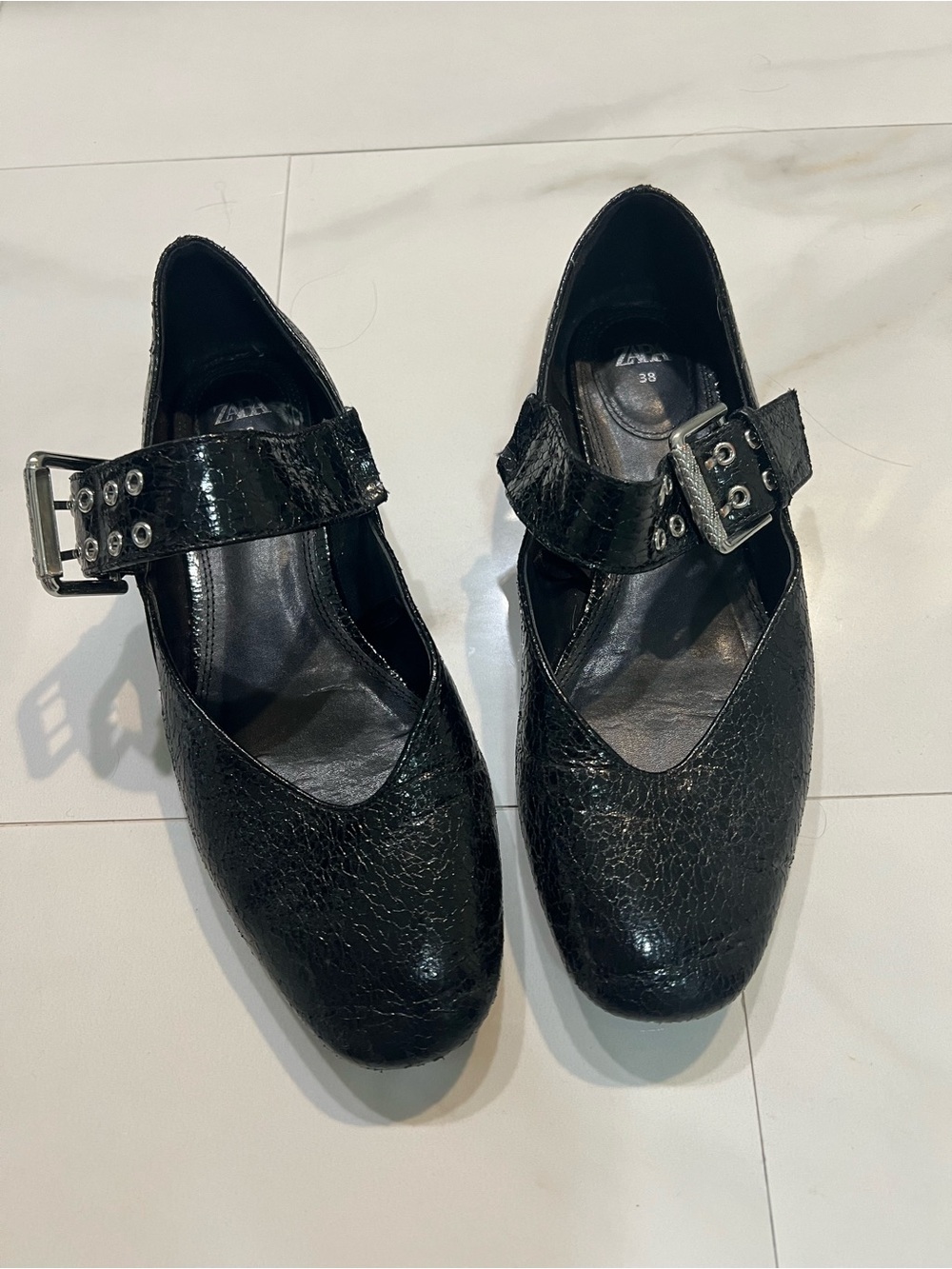 Zara Black Textured Leather Mary Jane Flats with Buckle